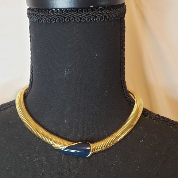 Monet Jewelry - Vintage Monet Gold tone Omega Blue enameled Flex Chocker Collar Necklace